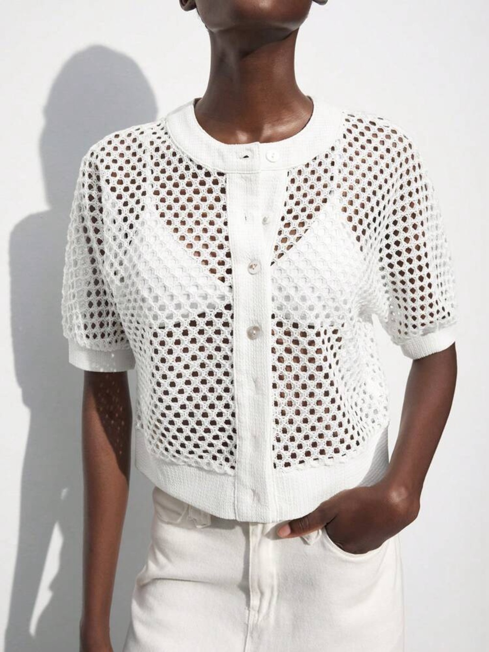 White Open-Knit Short Sleeve Cardigan - Women's